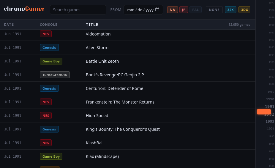 chronoGamer timeline browser showing 12,000+ retro games organized by year