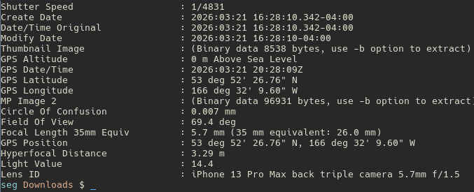 Terminal output showing EXIF metadata extracted from a canopy image